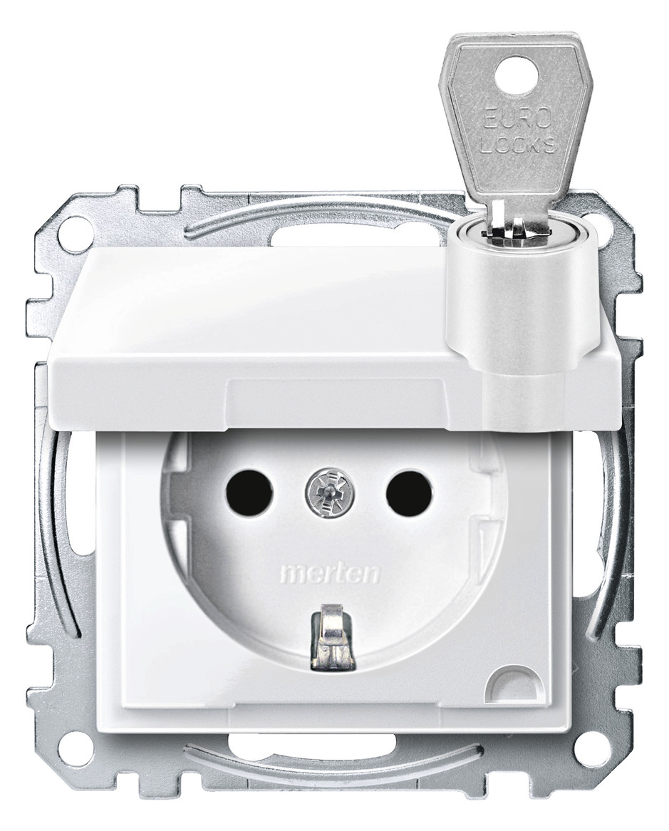 1St. Merten MEG2315-0319 Steckdose, Klappdeckel, abschließbar, verschiedene Schließungen, BRS, Steckklemmen, polarweiß g