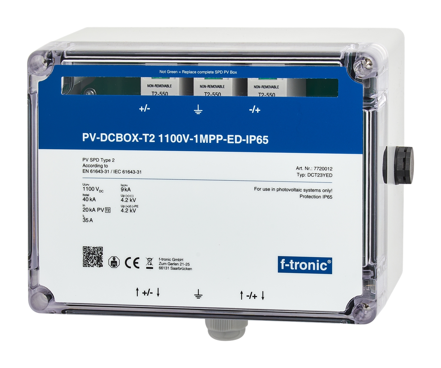 1St. F-Tronic DCT23YED PV-DCBOX-T2 1100V-1MPP, ED-IP65, Kabeldurchführung, DCT23YED 7720012