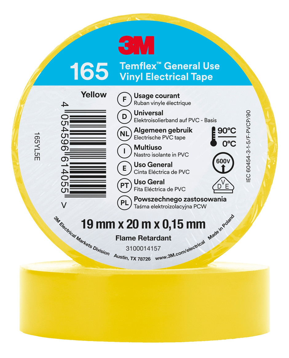 100St. 3M Temflex 165YL5E Isolierband Gelb 19mmx20m
