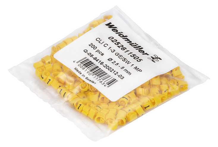 200St. Weidmüller 0252611505 Kabelmarkierungssystem, 2.5 - 5 mm, 4.2 mm, Aufgedruckte Zeichen: Zahlen, 1, PVC, weich, oh