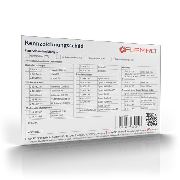 1St. FLAMRO Universalkennzeichnungsschild für FLAMRO Brandschutz-Kanaäle