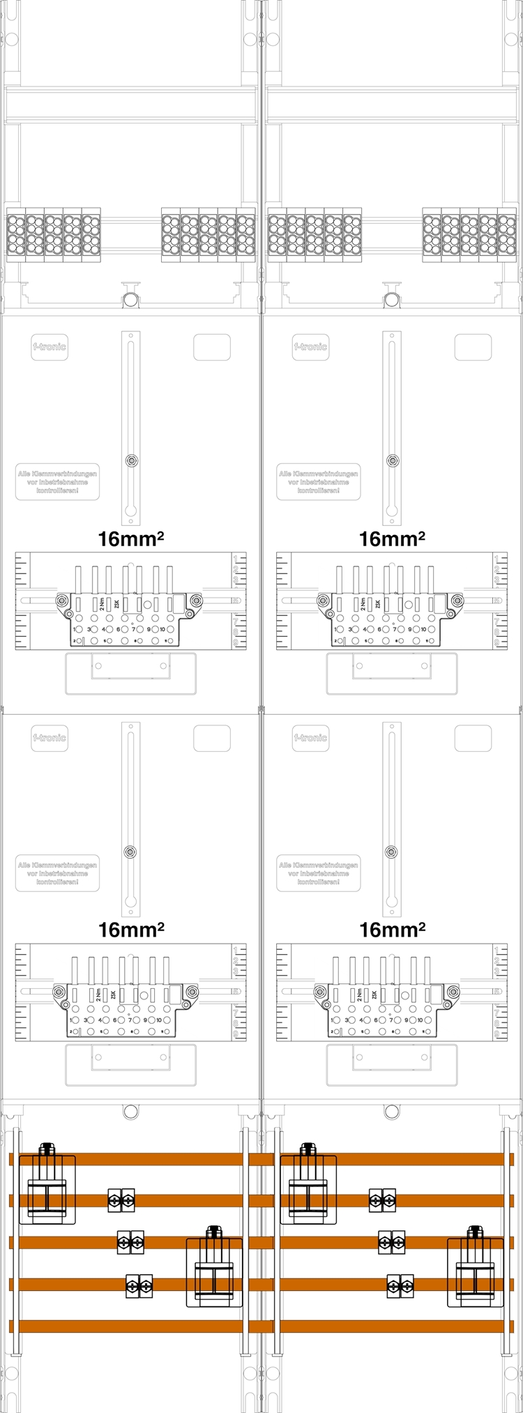 1St. F-Tronic Z216LUX-16 Zählerfeld Z216LUX-16,H=1350mm, 2-feldrig, 4-3.HZ 16mm², inkl. Verdrahtungspaket 7145108