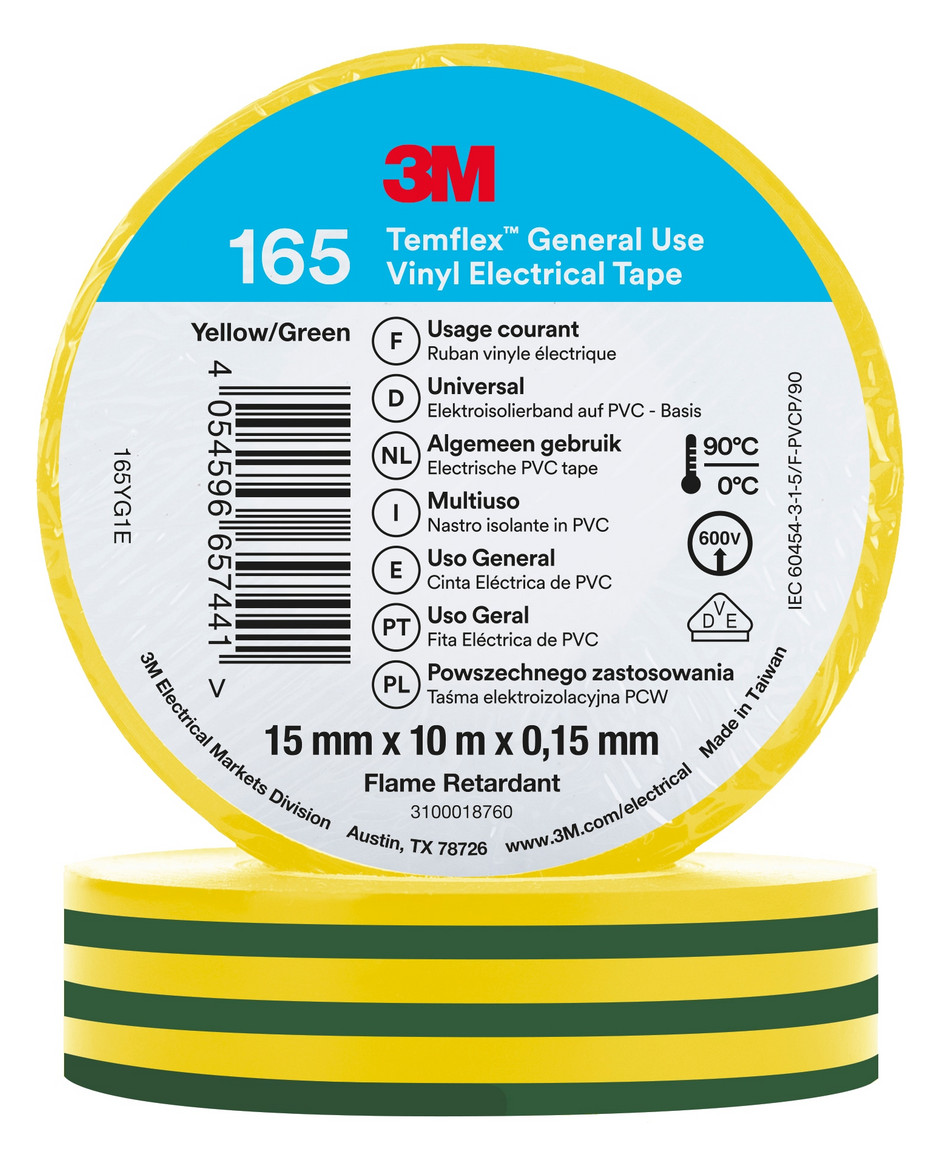 10St. 3M 165YG1E Isolierband Gruen/Gelb 15mmx10m