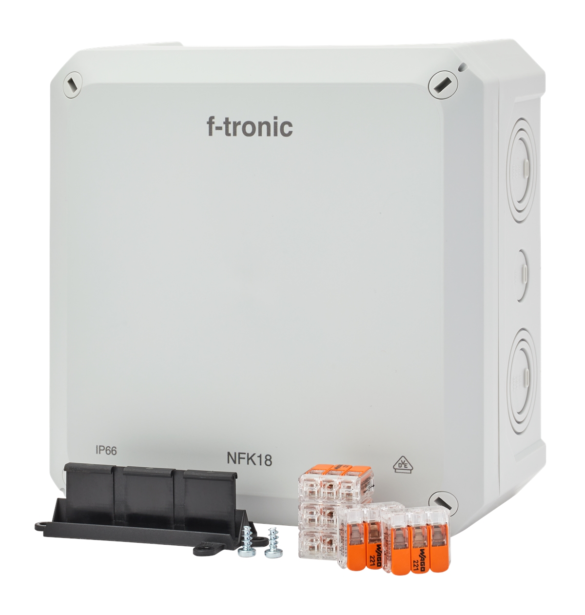 1St. F-Tronic NFK18gr-K6 FR-Abzweigkasten 180x180x93mm, Klemmen 6qmm, Klemmenhalter, IP66, PS, grau, NFK18gr-K6 7340231