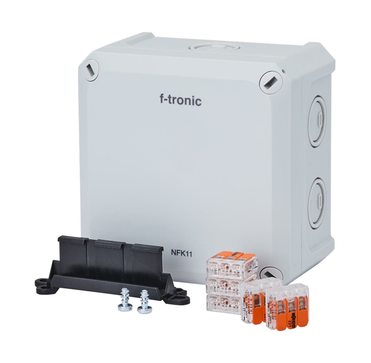 1St. F-Tronic NFK11gr-K4 FR-Abzweigkasten 110x110x67mm, Klemmen 4qmm, Halter, Hutsch., IP66, PS, grau, NFK11gr-K4 7340229