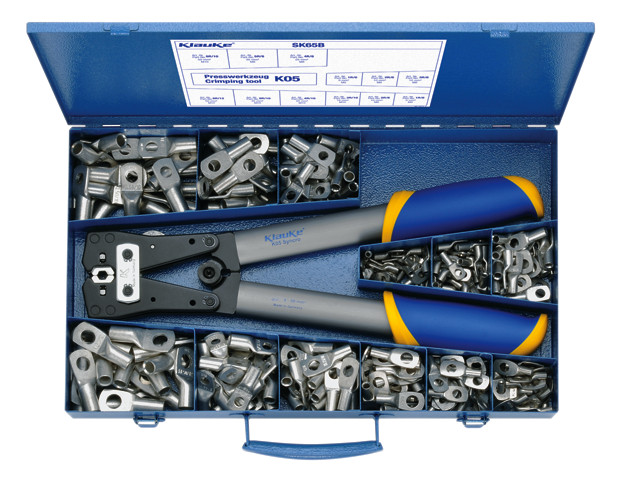 1St. Klauke SK65B Sortimentskasten aus Stahl mit Rohrkabelschuhen 6-50 mm² und Presswerkzeug K05