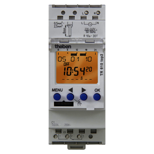 1St. Theben 6100110 Reiheneinbau-Digital-Zeitschaltuhr 1 Kanal, 7 Tage, Textzeile, Steckkl., 2 TE TR 610 top2 G...
