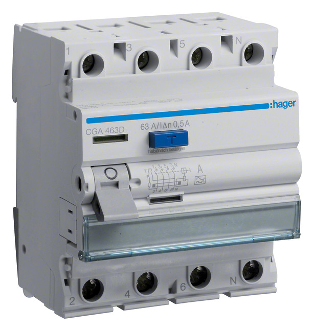 1St. Hager CGA463D Fehlerstromschutzschalter 4 polig 6kA 63A 500mA Typ A 1St. Hager CGA463D Fehlerstromschutzschalter 4 polig 6kA 63A 500mA Typ A