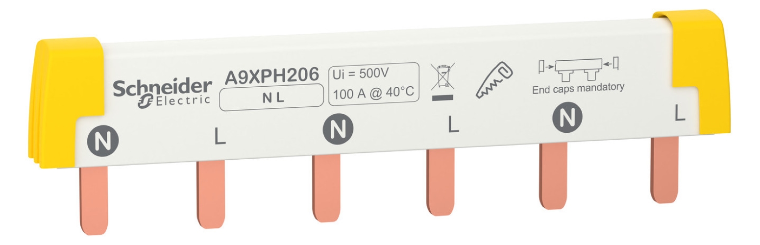 1St. Schneider Electric A9XPH206 Phasenschiene Steg, ablängbar, 1P+N, 6 TE, 100A
