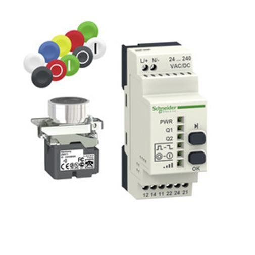 1St. Schneider Electric XB4RFA02 Kombipaket, Funkdrucktaster, Empfänger, programmierbar, Metall, Ø22mm, 24-240V ACDC, 10 farbiges Kappenset