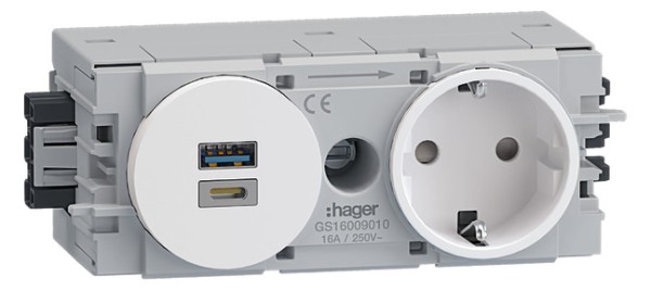 1St. Hager GS16009010 Steckdose 1-fach mit USB-Charger A+C 15W, reinweiß