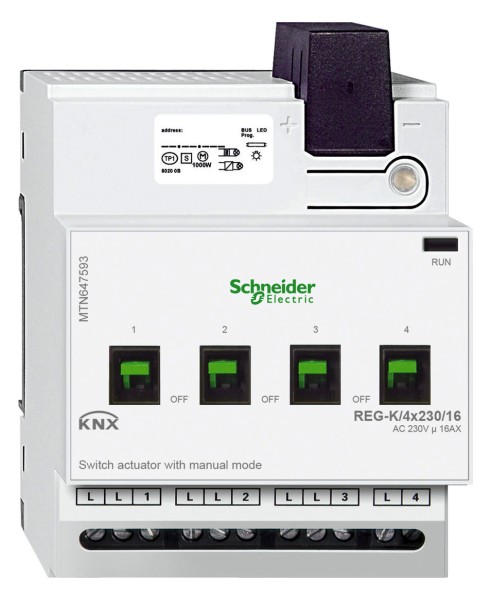 1St. Schneider Electric MTN647593 Schaltaktor REG-K/4x230/16 mit Handbetätigung, lichtgrau
