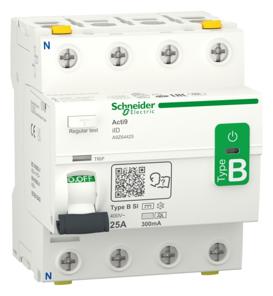 1St. Schneider Electric A9Z64425 Fehlerstrom-Schutzschalter Allstromsensitiv iID, 4P, 25A, Typ B-SI, 300mA