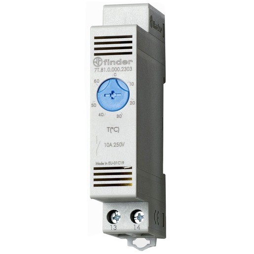 1St. Finder 7T8100002303 Thermostat für Schaltschrank, Reiheneinbaugerät 17,5 mm breit, 1 Schließer 10 A, einstellbar von +0 bis +60 C 7T.81.0.000.230