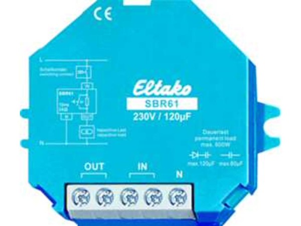 1St. Eltako SBR61-230V/120µF Strombegrenzungsrelais kapazitiv 230V/120 Mikrofarad. 1 Schließer 10A/250VAC 61100330
