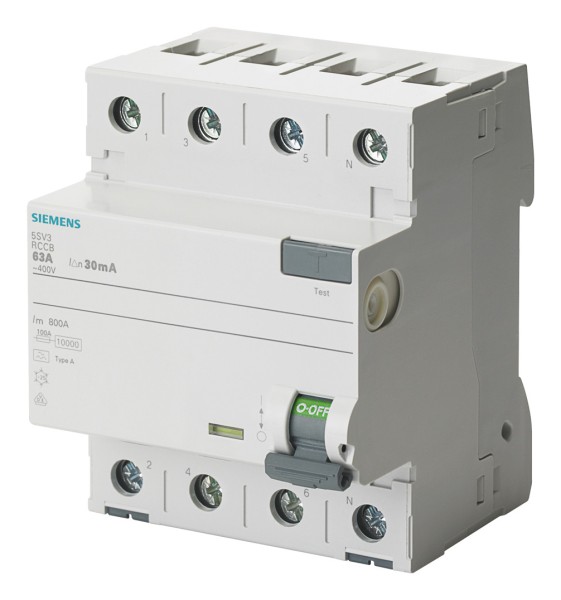 1St. Siemens 5SV3344-6, FI-Schutzschalter, 4-polig, Typ A, In: 40 A, 30 mA, Un AC: 400 V