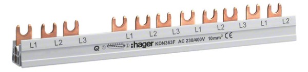 1St. Hager KDN363F Phasenschiene 3 polig mit Gabelanschluss 10mm² 63A 12 Module